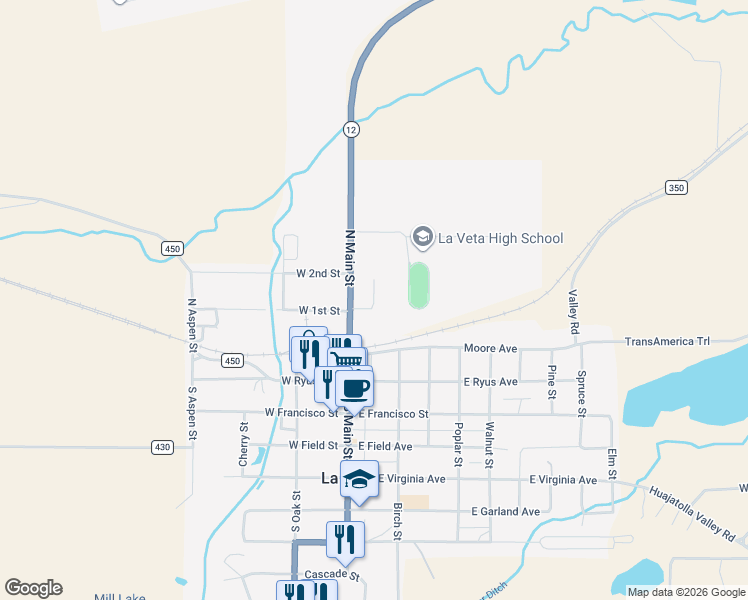 map of restaurants, bars, coffee shops, grocery stores, and more near Pinkerton Road in La Veta