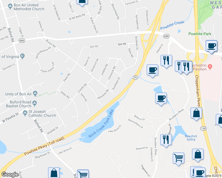 map of restaurants, bars, coffee shops, grocery stores, and more near 900 Southam Drive in Richmond