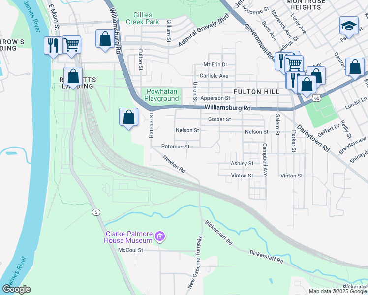 map of restaurants, bars, coffee shops, grocery stores, and more near 5203 Wingfield Street in Richmond