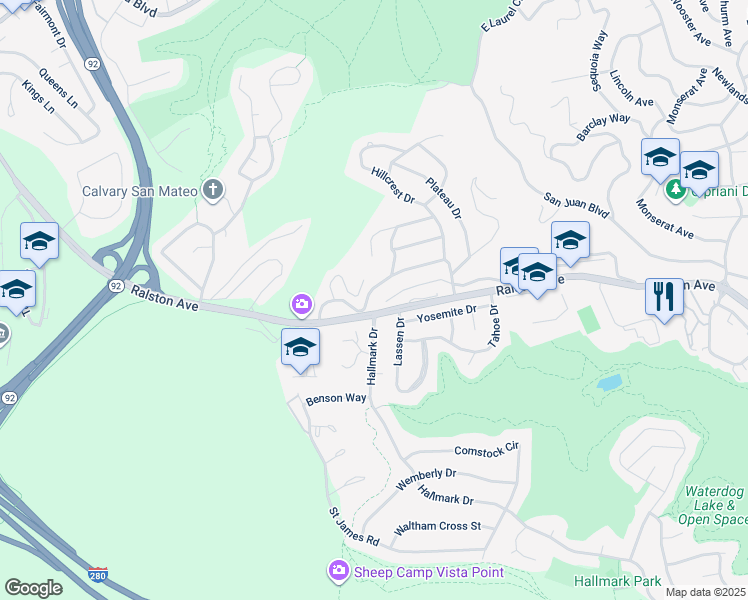 map of restaurants, bars, coffee shops, grocery stores, and more near 2751 Belmont Canyon Road in Belmont