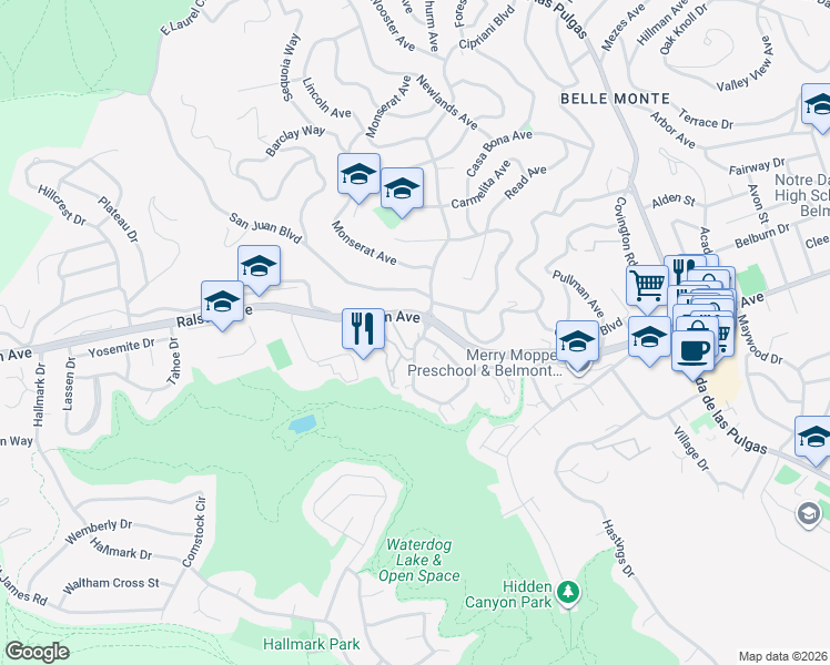 map of restaurants, bars, coffee shops, grocery stores, and more near 1000 Continentals Way in Belmont