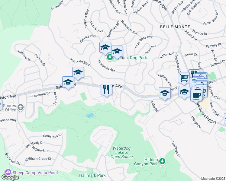 map of restaurants, bars, coffee shops, grocery stores, and more near 30 Arroyo View Circle in Belmont