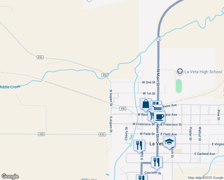 map of restaurants, bars, coffee shops, grocery stores, and more near 342-398 West 1st Street in La Veta