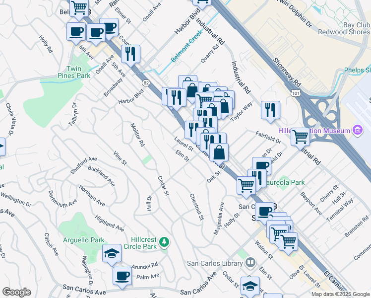 map of restaurants, bars, coffee shops, grocery stores, and more near 60 Laurel Street in San Carlos