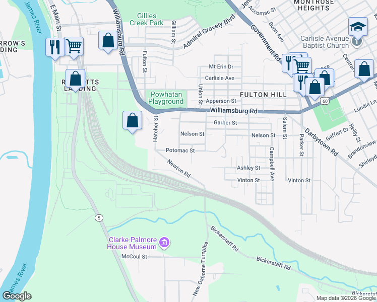 map of restaurants, bars, coffee shops, grocery stores, and more near 5203 Wingfield Street in Richmond