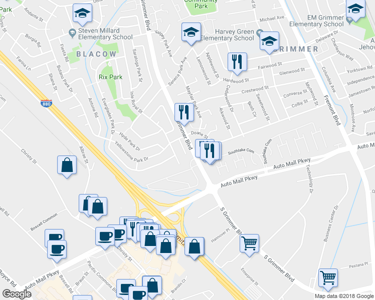 map of restaurants, bars, coffee shops, grocery stores, and more near 43363 Castle Park Court in Fremont