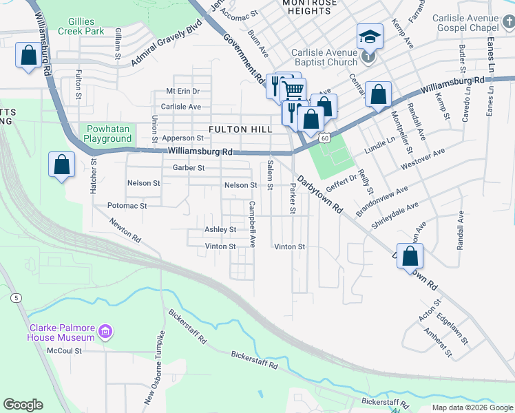 map of restaurants, bars, coffee shops, grocery stores, and more near 5213 Salem Street in Richmond