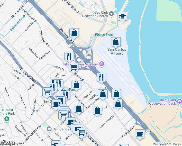 map of restaurants, bars, coffee shops, grocery stores, and more near 810 East San Carlos Avenue in San Carlos