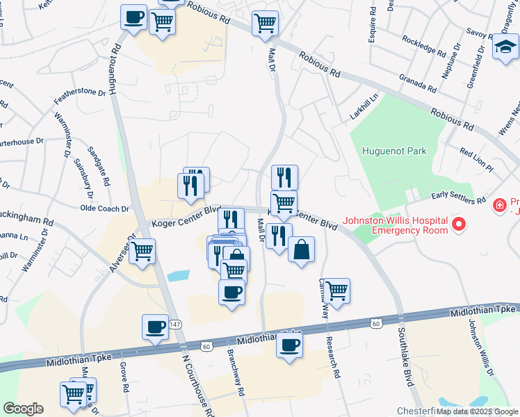 map of restaurants, bars, coffee shops, grocery stores, and more near 1601 Mall Drive in Richmond