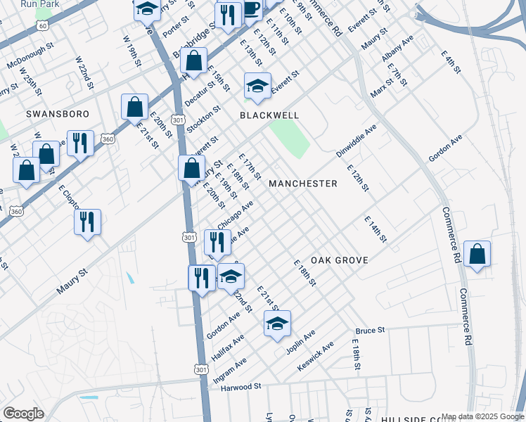map of restaurants, bars, coffee shops, grocery stores, and more near 1801 Dinwiddie Avenue in Richmond