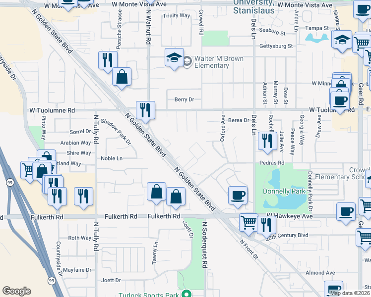 map of restaurants, bars, coffee shops, grocery stores, and more near 1114 Kay Circle in Turlock