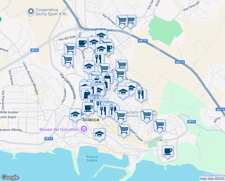 map of restaurants, bars, coffee shops, grocery stores, and more near 14A Via Asmara in Sciacca
