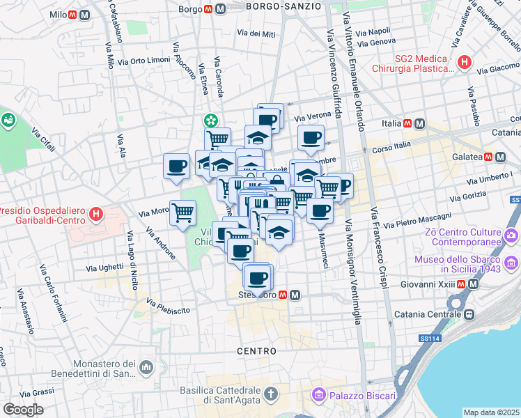 map of restaurants, bars, coffee shops, grocery stores, and more near 57 Via Giuseppe De Felice in Catania