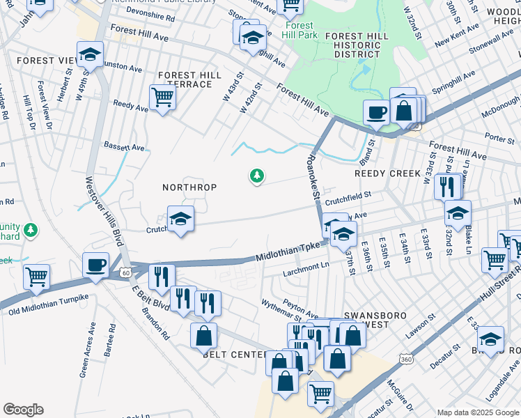 map of restaurants, bars, coffee shops, grocery stores, and more near 4037 Crutchfield Street in Richmond