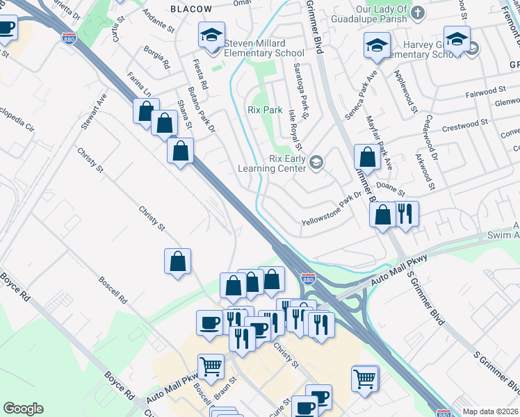 map of restaurants, bars, coffee shops, grocery stores, and more near 42979 Everglades Park Drive in Fremont