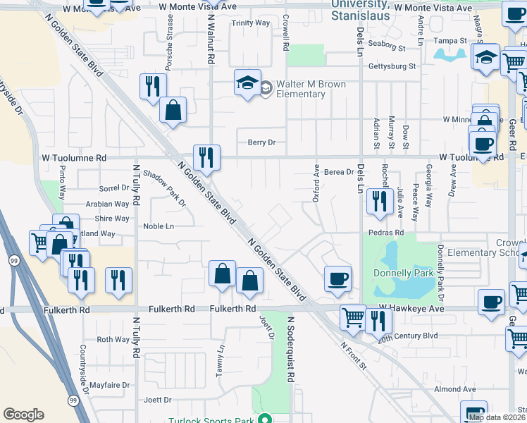 map of restaurants, bars, coffee shops, grocery stores, and more near 1114 Kay Circle in Turlock