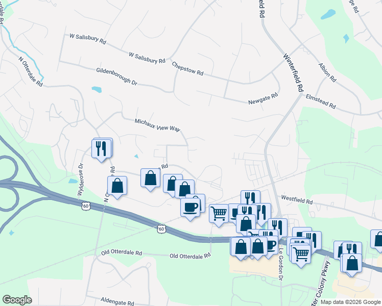 map of restaurants, bars, coffee shops, grocery stores, and more near 403 Michaux View Court in Midlothian