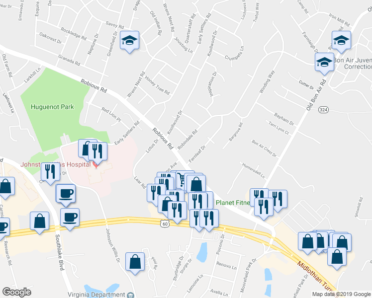 map of restaurants, bars, coffee shops, grocery stores, and more near 1313 Robindale Road in Richmond