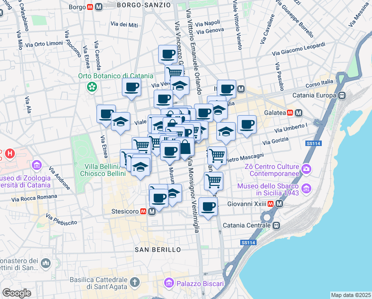 map of restaurants, bars, coffee shops, grocery stores, and more near 156 Via Umberto I in Catania
