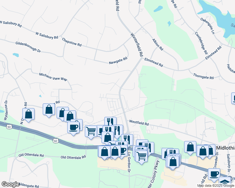 map of restaurants, bars, coffee shops, grocery stores, and more near 1418 Winterfield Road in Midlothian