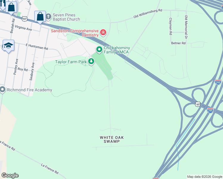 map of restaurants, bars, coffee shops, grocery stores, and more near 300 Whiteside Road in Sandston