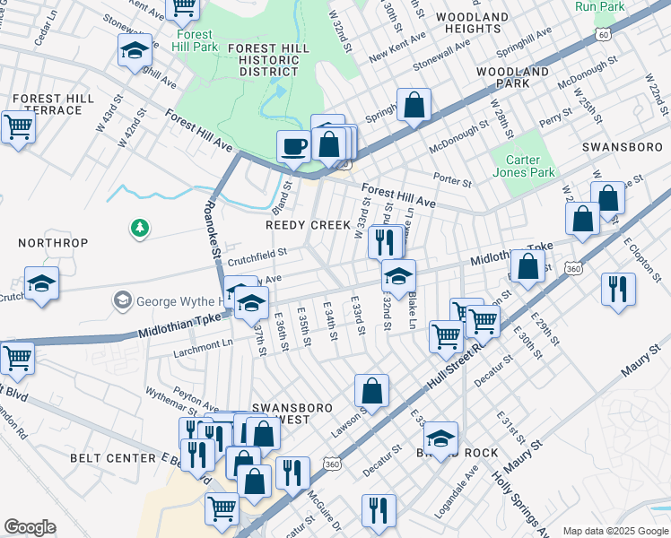 map of restaurants, bars, coffee shops, grocery stores, and more near 16 West 33rd Street in Richmond
