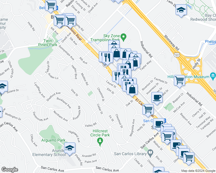map of restaurants, bars, coffee shops, grocery stores, and more near 60 Laurel Street in San Carlos
