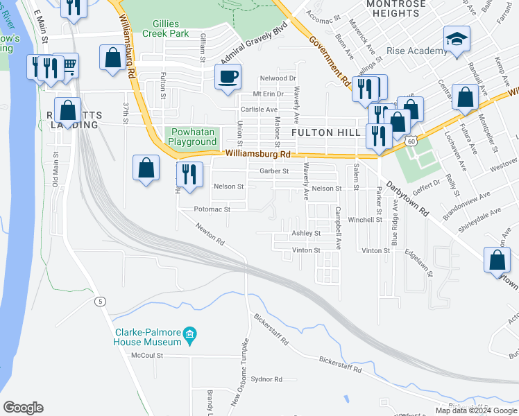 map of restaurants, bars, coffee shops, grocery stores, and more near 5211 Scott Street in Richmond