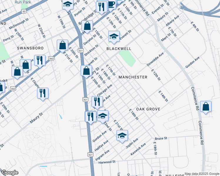 map of restaurants, bars, coffee shops, grocery stores, and more near 1801 Dinwiddie Avenue in Richmond