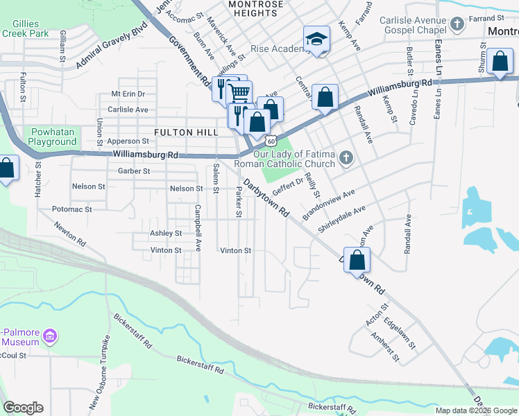 map of restaurants, bars, coffee shops, grocery stores, and more near 5209 Blue Ridge Avenue in Richmond