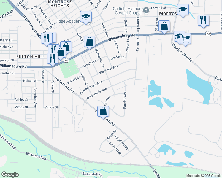 map of restaurants, bars, coffee shops, grocery stores, and more near 2025 Shirleydale Avenue in Henrico