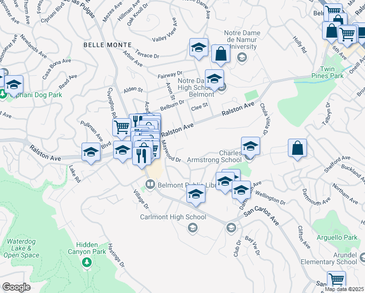 map of restaurants, bars, coffee shops, grocery stores, and more near 27 Kittie Lane in Belmont