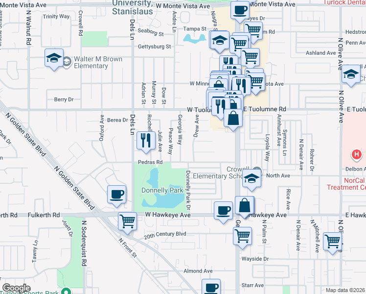 map of restaurants, bars, coffee shops, grocery stores, and more near 2100 Georgia Way in Turlock