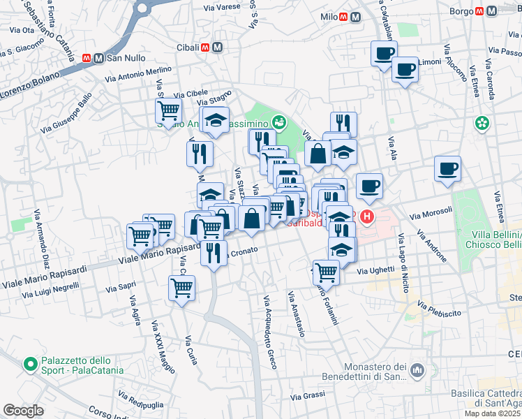 map of restaurants, bars, coffee shops, grocery stores, and more near 26 Via Rasà in Catania