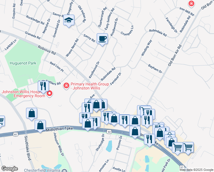 map of restaurants, bars, coffee shops, grocery stores, and more near 1306 Fernleaf Drive in Richmond