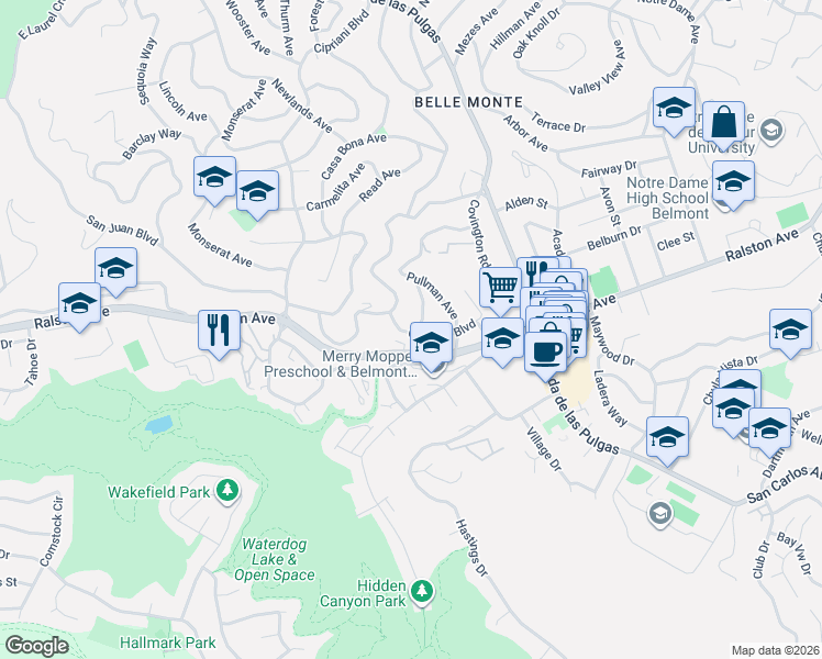 map of restaurants, bars, coffee shops, grocery stores, and more near 2218 Ewell Road in Belmont