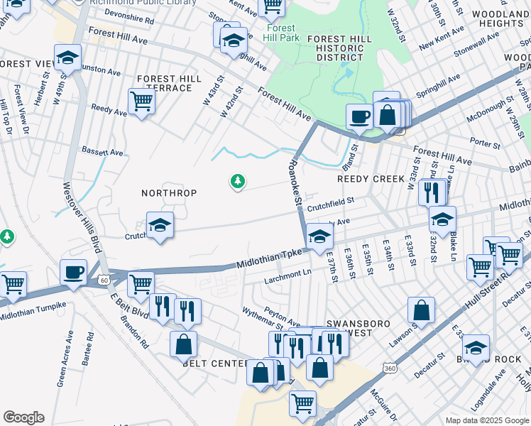 map of restaurants, bars, coffee shops, grocery stores, and more near 4021 Crutchfield Street in Richmond