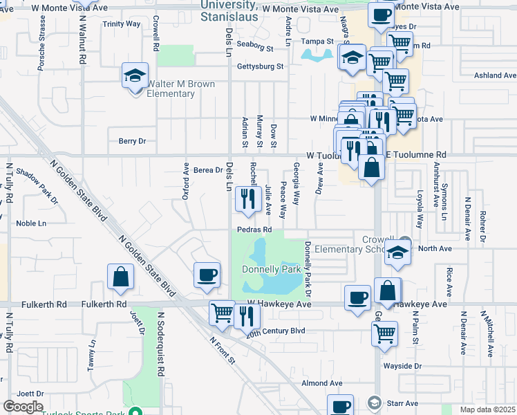 map of restaurants, bars, coffee shops, grocery stores, and more near 2101 Rochelle Avenue in Turlock