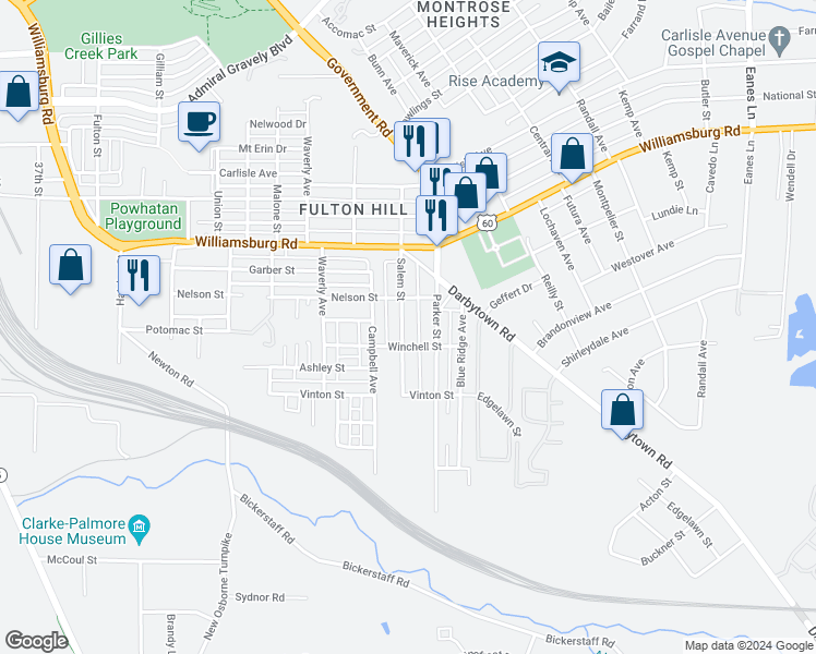 map of restaurants, bars, coffee shops, grocery stores, and more near 5214 Salem Street in Richmond