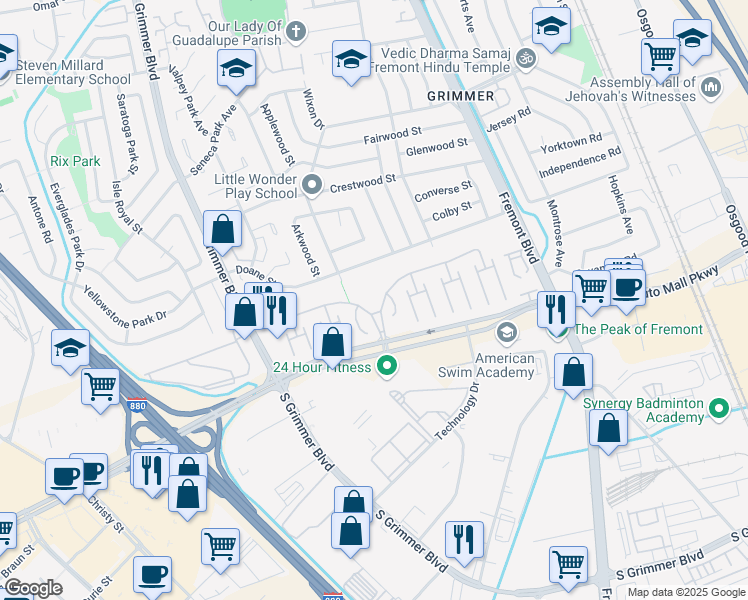 map of restaurants, bars, coffee shops, grocery stores, and more near 4343 Auto Mall Parkway in Fremont