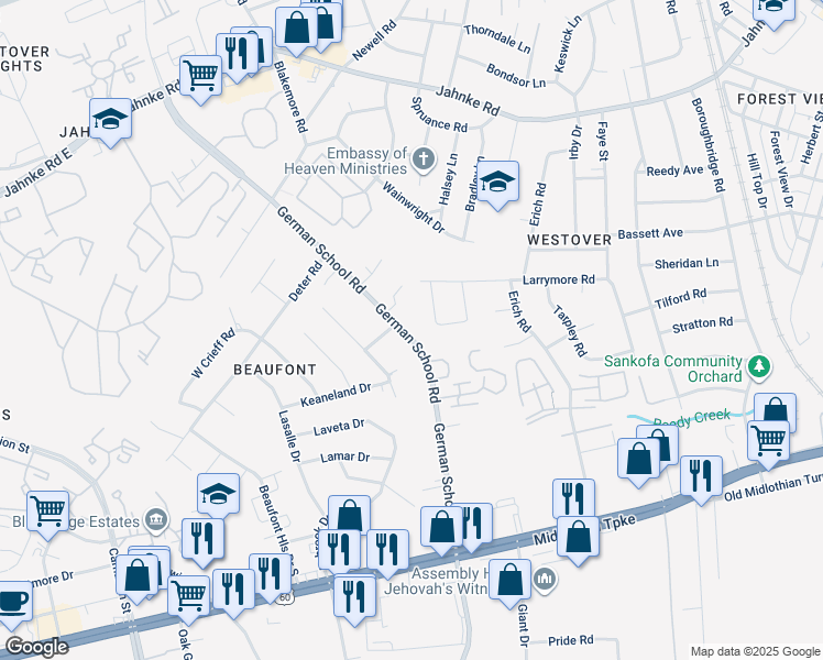 map of restaurants, bars, coffee shops, grocery stores, and more near 529 German School Road in Richmond