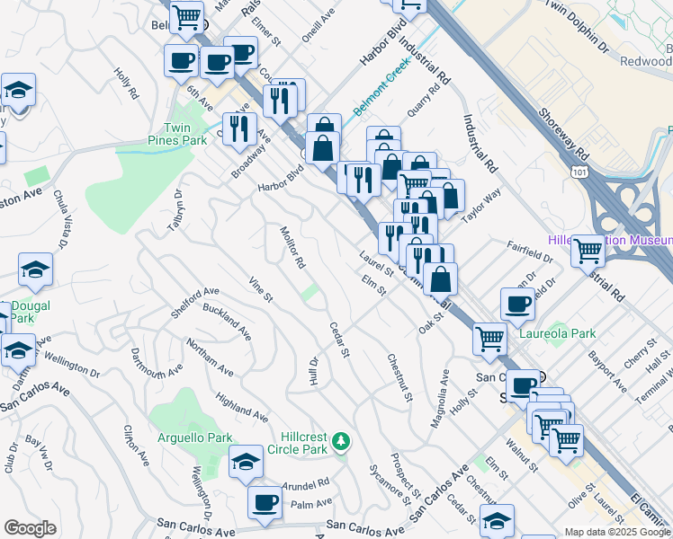 map of restaurants, bars, coffee shops, grocery stores, and more near 7 Chestnut Street in San Carlos