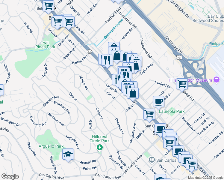 map of restaurants, bars, coffee shops, grocery stores, and more near 60 Laurel Street in San Carlos