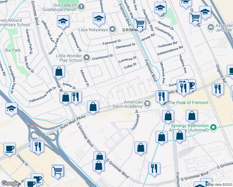 map of restaurants, bars, coffee shops, grocery stores, and more near 136 Coleridge Terrace in Fremont