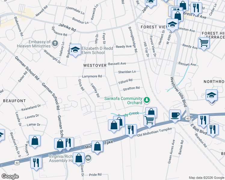 map of restaurants, bars, coffee shops, grocery stores, and more near 513 Faye Street in Richmond