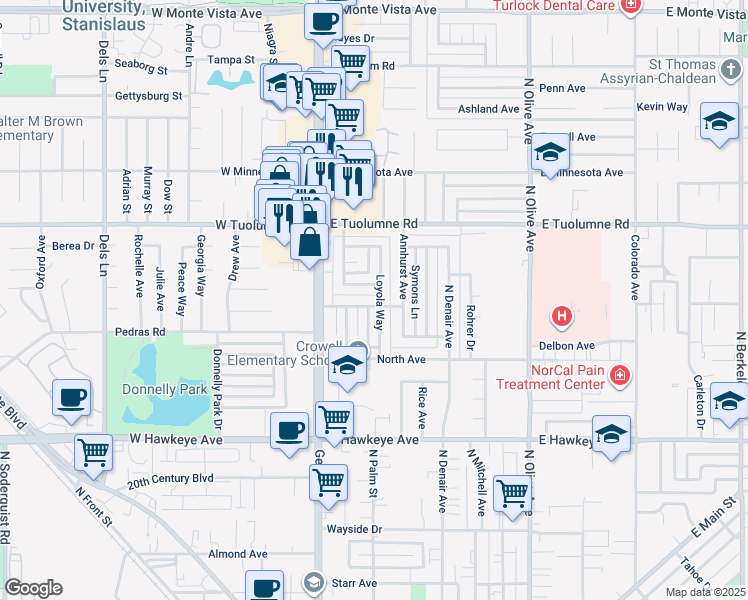 map of restaurants, bars, coffee shops, grocery stores, and more near 285 Baylor Avenue in Turlock
