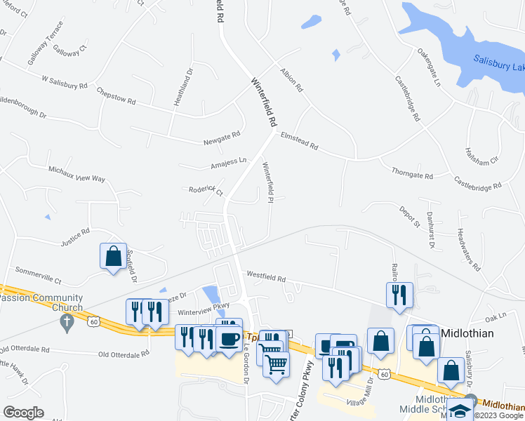 map of restaurants, bars, coffee shops, grocery stores, and more near 14117 Rigney Drive in Midlothian