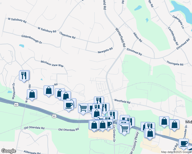 map of restaurants, bars, coffee shops, grocery stores, and more near 14500 Michaux Springs Drive in Midlothian