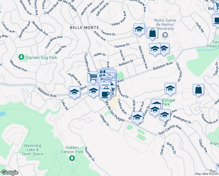 map of restaurants, bars, coffee shops, grocery stores, and more near 2041 Ralston Avenue in Belmont