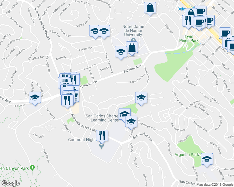 map of restaurants, bars, coffee shops, grocery stores, and more near 1612 El Verano Way in Belmont